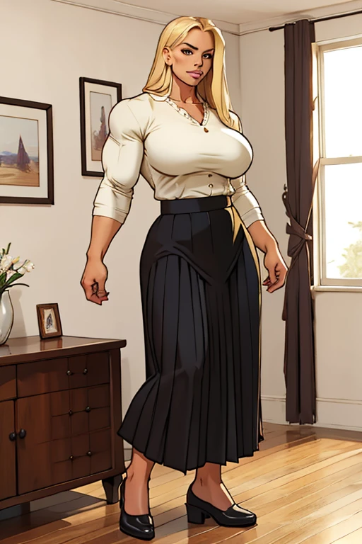 fullbody view, cute lovely very sensual woman standing in a living room, awesome feminine body of absolute perfection, blouse and long pleated skirt, ankle-long skirt, stunningly breathtakingly beautiful female bodybuilder with enormous bulky musculature, perfect muscle definition, no body fat, very long blonde hair, large round breasts