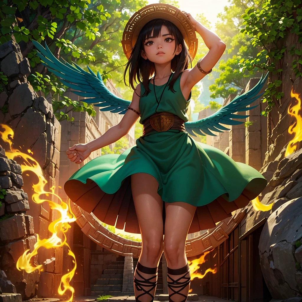 Childish, high quality、Very detailed、8Year、Mayan Aztec young priestess、Looking up at the flying god Quetzalcoatl Kukulkan and offering prayers、Chichen Itza Temple of the Sun in the Forest、mysterious、