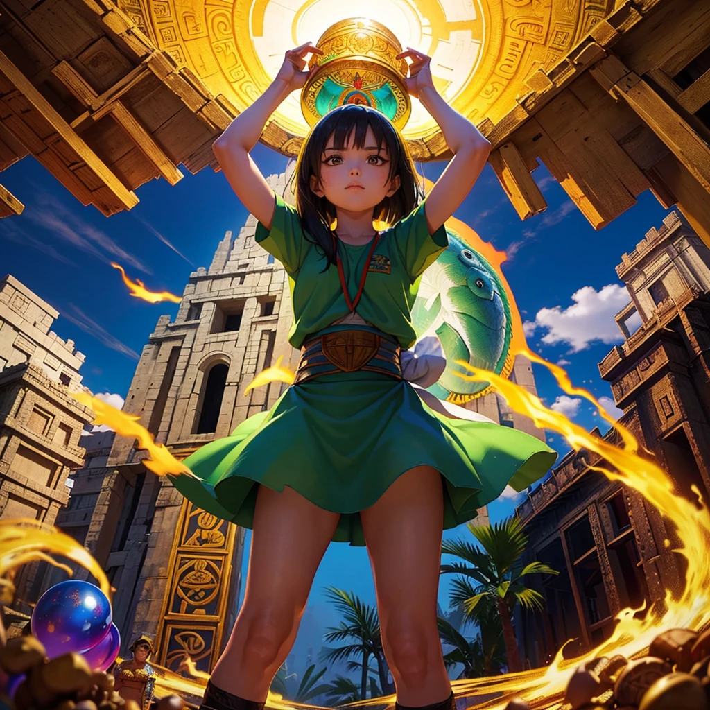 Childish, high quality、Very detailed、8Year、Mayan Aztec young priestess、Looking up at the flying god Quetzalcoatl Kukulkan and offering prayers、Chichen Itza Temple of the Sun in the Forest、mysterious、
