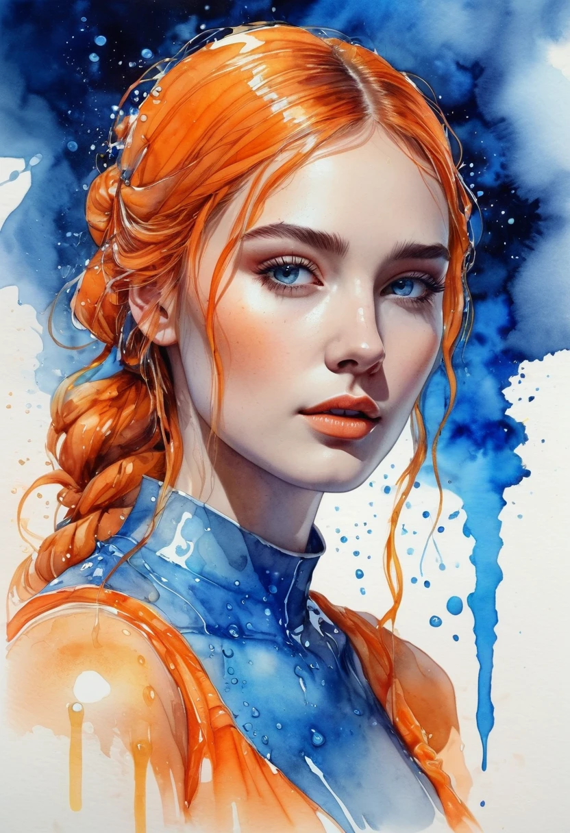 women  beautiful neon fictional , ancient stories, High detail, portrait, light studio, colorful, high precision, strong, beautiful, classic, science, Renaissance, wet water color ink, color orange and blue, painting watercolor, ultra clear