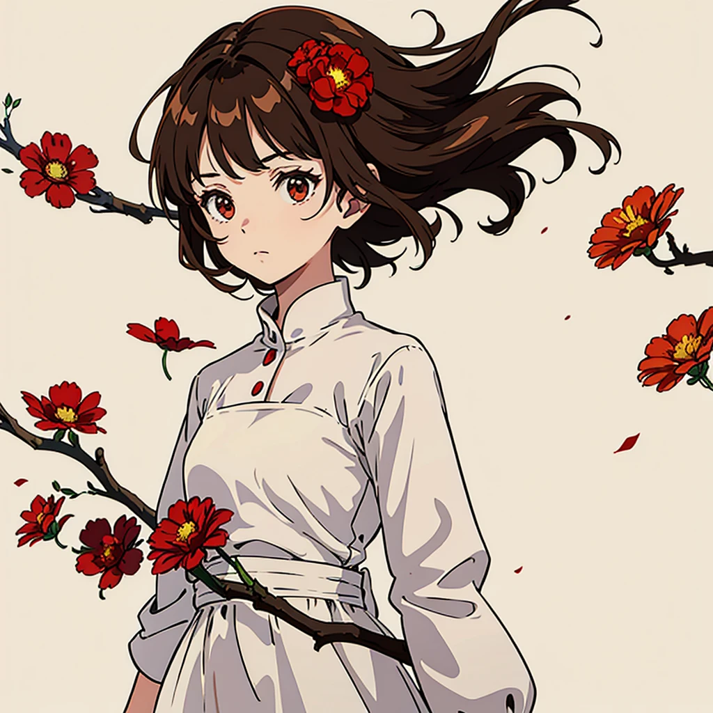 Red flower, woman in white dress, solo, brown hair, beige background, simple, burning stick