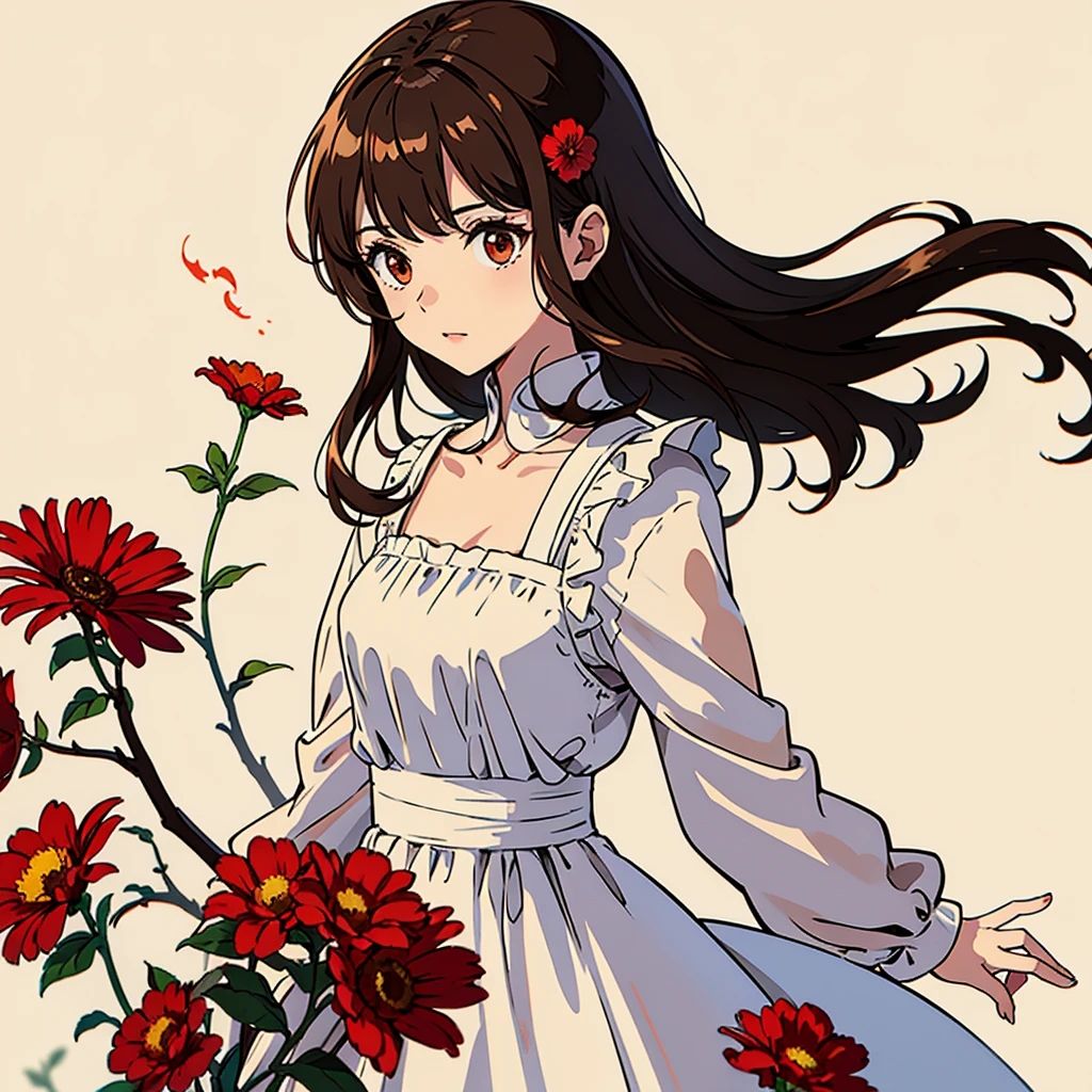 Red flower, woman in white dress, solo, brown hair, beige background, simple, burning stick