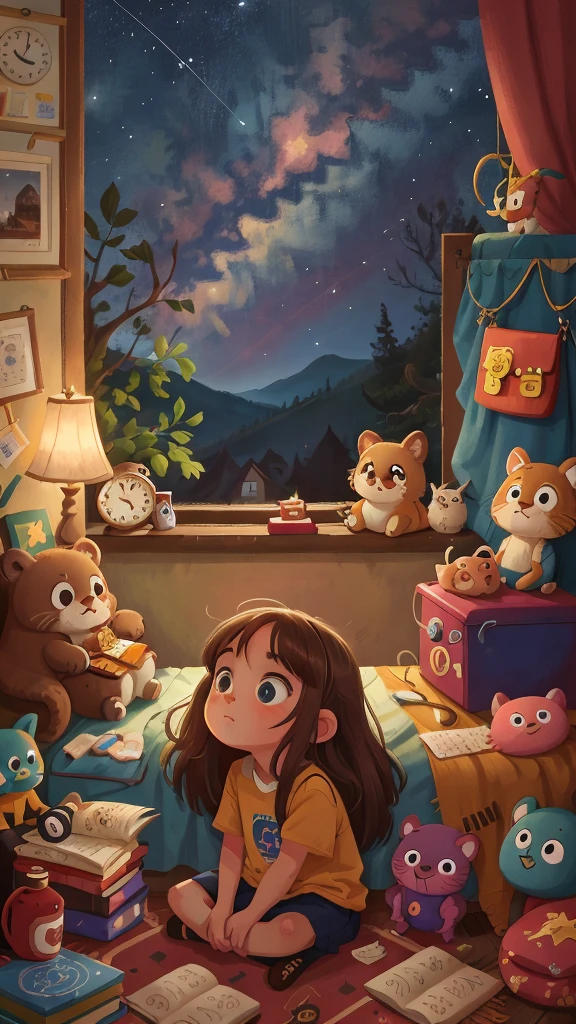 A 4 years old , curious  with long brown hair and big blue eyes, sitting at her bedroom window, gazing up at a clear starry night sky