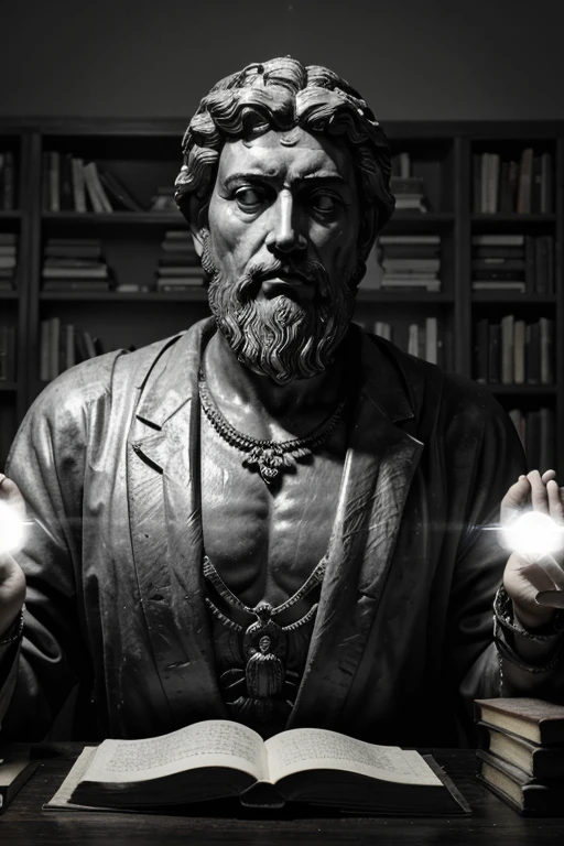 An image of the wise-looking character resembling Marcus Aurelius in black and white colors featuring stoic philosopher surrounded by ancient statues and books, with a light emanating from their heart, symbolizing the impact of wisdom and legacy on future generations.