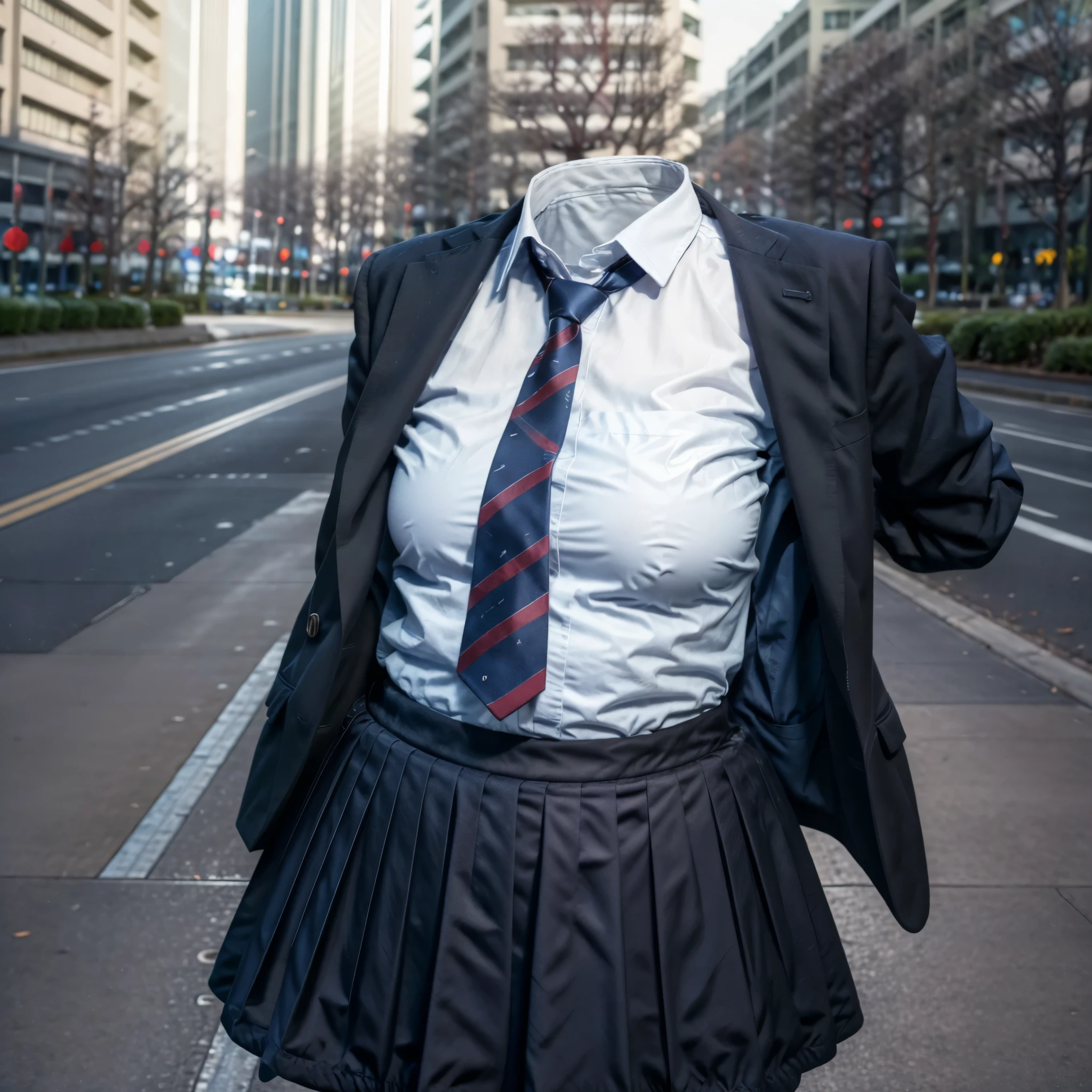 (invisible, no humans:1.7, headless:1.7, handless, legless), skirt, (close-up to breast), cute big breast, fat, chubby,in city,school blazer,stripe tie,
(8k, RAW photo, best quality, masterpiece:1.2), (realistic, photo-realistic:1.37),photon mapping, radiosity, ((Hasselblad photography)),physically-based rendering
