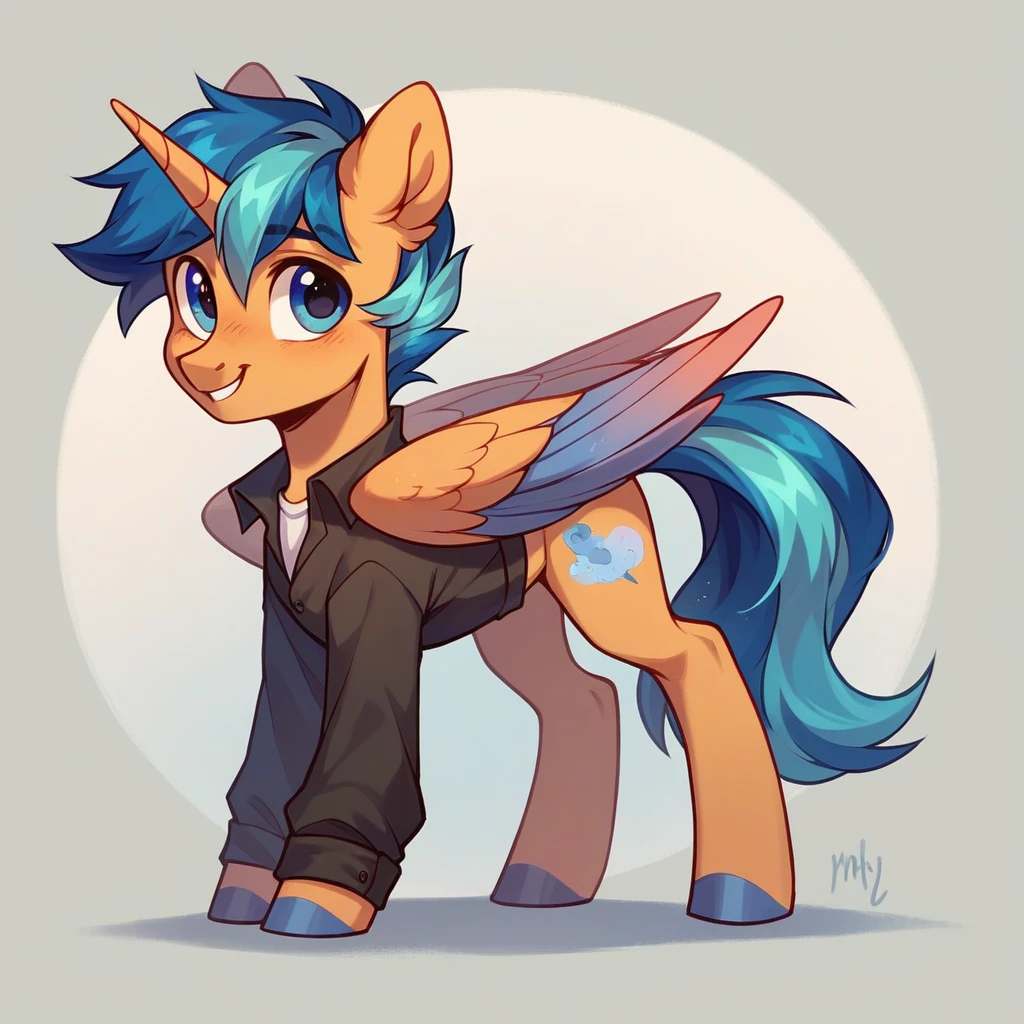 My little pony OC, wild pony, with a cute appearance, male, fully body, wearing a cute outfit, alicorn, standing alone