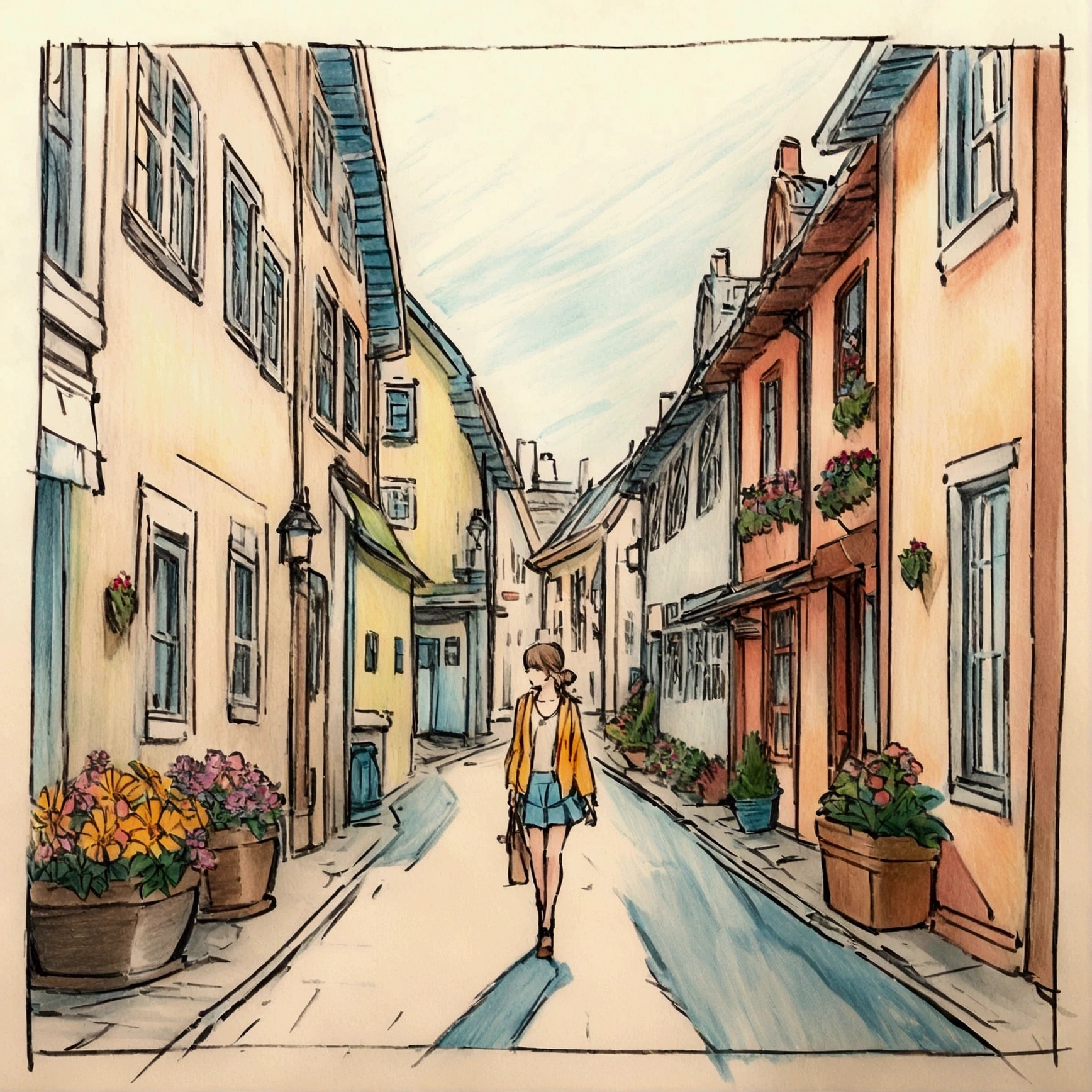 Summer sky, woman walking down the street, flowers, nostalgic, Scandinavian streetscape, colored pencil sketch