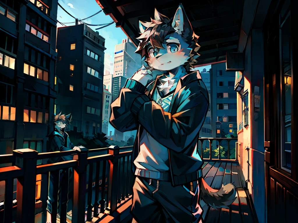 furry,A cute teenage cat orc,male,hairy,Dark blue and black hair,Blue Eyes,Wear white pajamas,Standing on the balcony,Alone