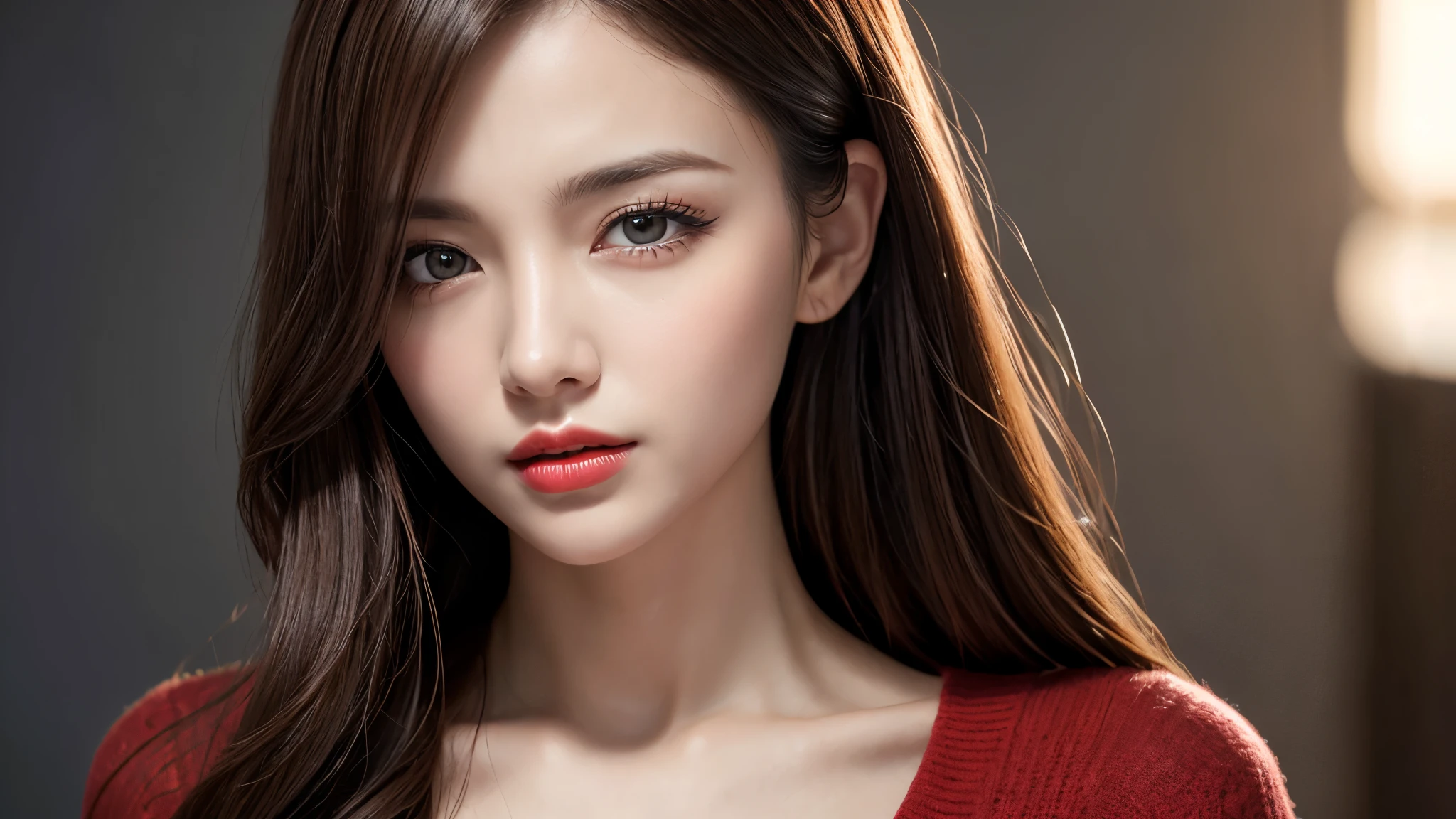 (8k, Ultra-high resolution, The best masterpiece, best quality:1.2), Very detailed, Complete Solution, (actual, actual photo: 1.37), portrait, Half Body, focus on eyes, HD RAW photos, career arrest, High quality and beautiful, 超高清 8k 影像照片, Volumetric lighting, Soft Light, confess, Professional photography, Very detailed的美麗女孩, Super delicate face shape, Contoured eyes, (Very detailed eyes), Precisely shaped nose, expressive lips, Delicate skin, (HD Skin:1.2), Neatly contoured fingers, Every feature is carefully displayed, a story, (20:1.2), Twenty generations, cute girl, young mother, Beautiful mature lady, brown hair, long, straight hair, sparkling amber eyes, red lips, Eye makeup, Cleavage, Stylish casual wear, perfect anatomy, Detailed background, HD background without blur, particle, actual, stunning details, 8k Ultra HD, high quality, CG unity, C4D Rendering, 3D Rendering