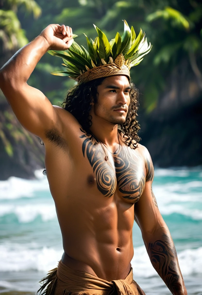 handsome hawaiian hunk hairy men, tribal tattoos,((intricate tribal body art tattoos)),shakin hip,waving arms to left,toned muscles,long curly hair,hawaiian loincloth,oily wet skin,leaf crown,hawaiian dance,hawaiian aesthetic core,dynamic shadows,film contrast,cinematic,movie still,masterpiece
