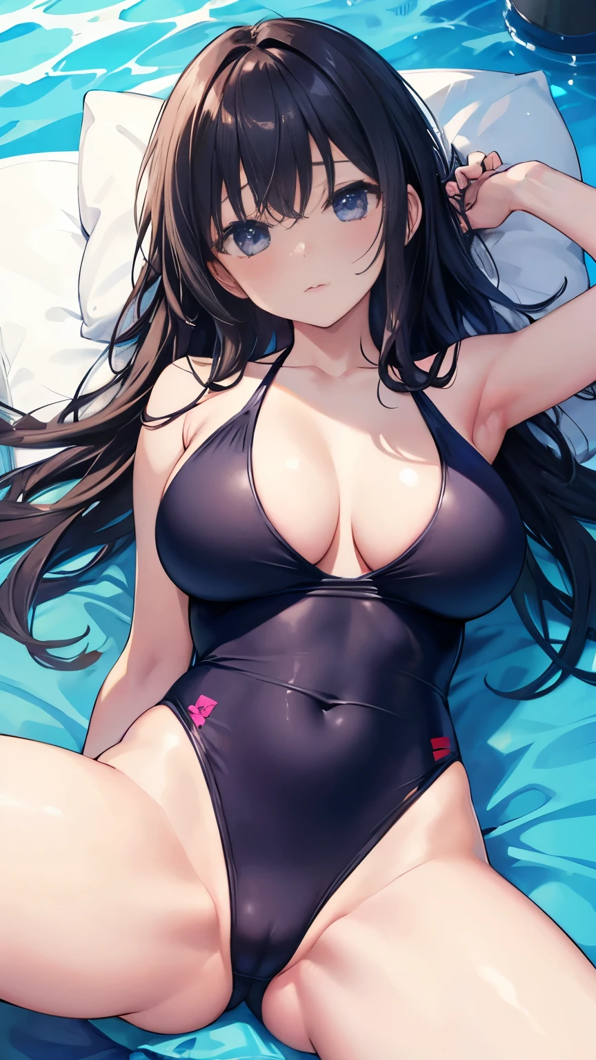 A girl,Wear a one-piece swimsuit,Large Breasts,Lying down,Open your legs