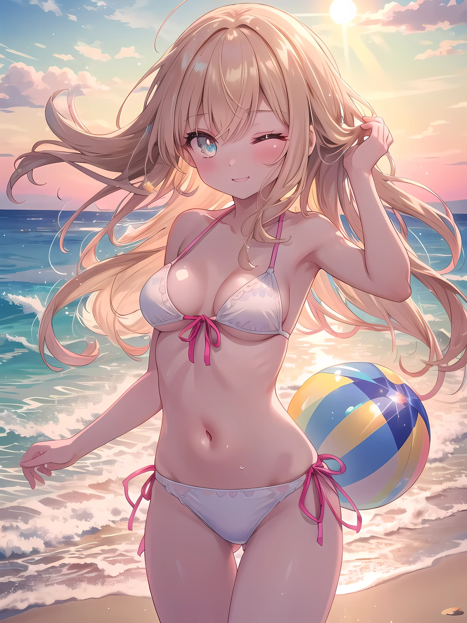 ((8k, best quality, master piece: 1.3)),super high resolution,(1 girl, solo), (colorshift eyes, hyperdetailed, expressive sparkling, glitter, glowing eyes), ultra detailed eyes, ultra-detailed face, random hair, ((pastel color)),(one eye closed), The background is a beach, with the light of the setting sun shining softly through it. She is wearing a white bikini with a simple design. The shot is taken from the bust so that her facial expression can be clearly seen. The woman's face is made up naturally, with matte coral pink lips. Her winking eye has soft eyeshadow and long eyelashes, while her other eye is wide open and shining in the light of the setting sun. The smile she gives as she winks creates soft shadows on her cheeks, giving her face a three-dimensional look. Her hair is a natural wave, with each strand of hair drawn realistically. Her hair is sunlight brown and swaying in the wind. The background features the beach and the light of the setting sun, creating a calm beach atmosphere. The overall color palette is unified with warm colors, giving a relaxed impression. A beach ball is drawn in her hand, giving the impression of the fun of the beach. The nails on her fingertips are also drawn in detail. The texture of her skin, the softness of the bikini fabric, and the way the light hits it are all depicted in detail.A breathtaking scene bathed in the warm, golden light of the setting sun. The light casts long, soft shadows and creates a warm glow that envelops the entire image. The sky is a mix of oranges, pinks, and purples, adding to the serene and peaceful atmosphere.
