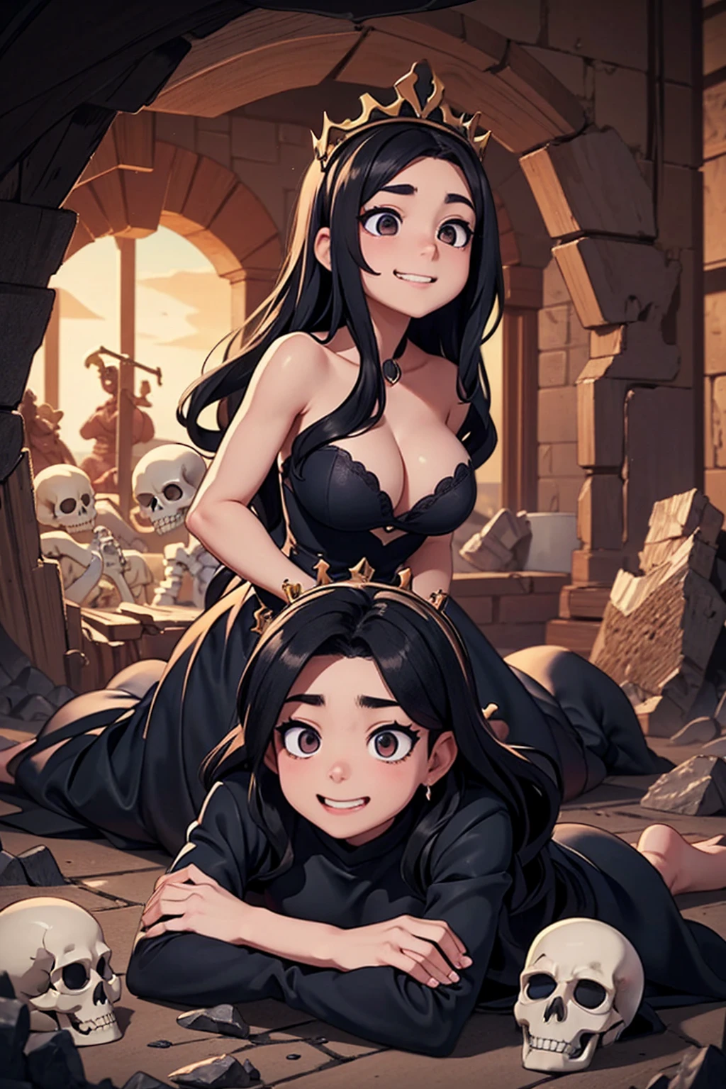 Queen、Huge body、Giantess、hellのQueen、smile、Villainess、Bad guy、Sit in the King's Chair、Large Breasts、Black long dress、Long black hair、Red eyes、smile、There are lots of skeletons lying on the ground、Rocky cave、lava、hell、Bottom of the Abyss、