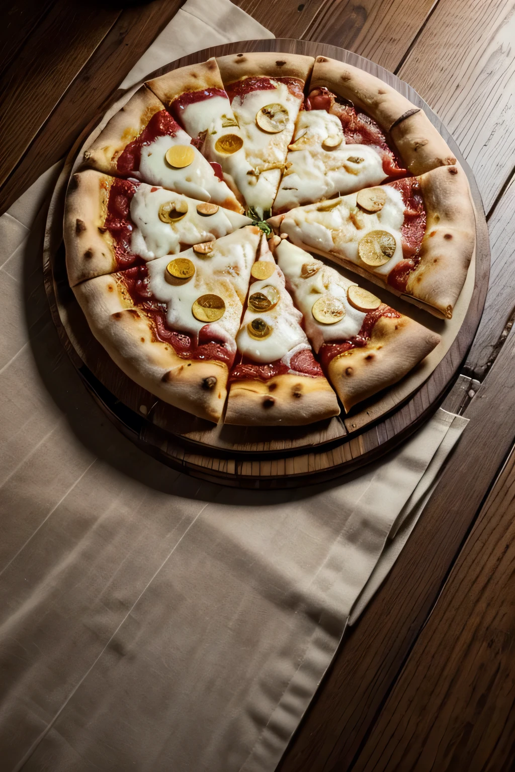 ((best qualityer)), ((detailded)) Pizza with stuffed edges, covered with gold coins, on a dark wooden table, from above view