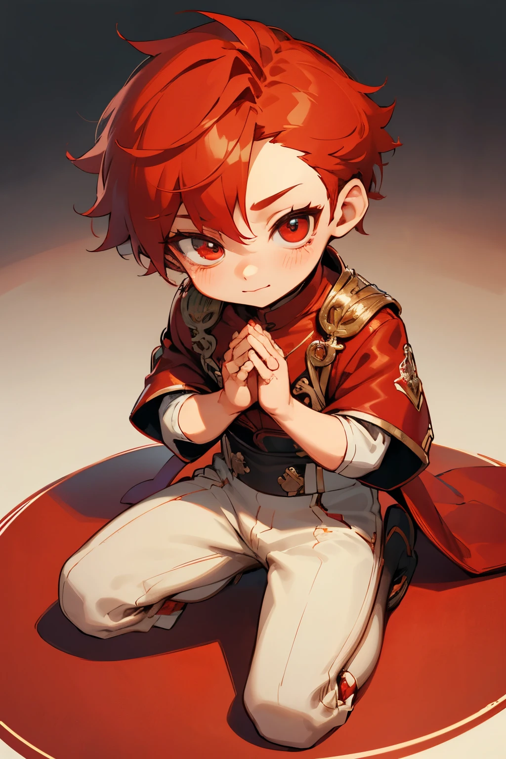 boy, full body, sit down on the floor, join one's hands in prayer, tear drop, smile, cartoon style, chibi style, cute, beautiful face, red color eye, beautiful eye, high detailed pupil, double eyelid, high detailed skin, high quality skin, red color hair, white clothes, professional lighting, real shadow, masterpiece,