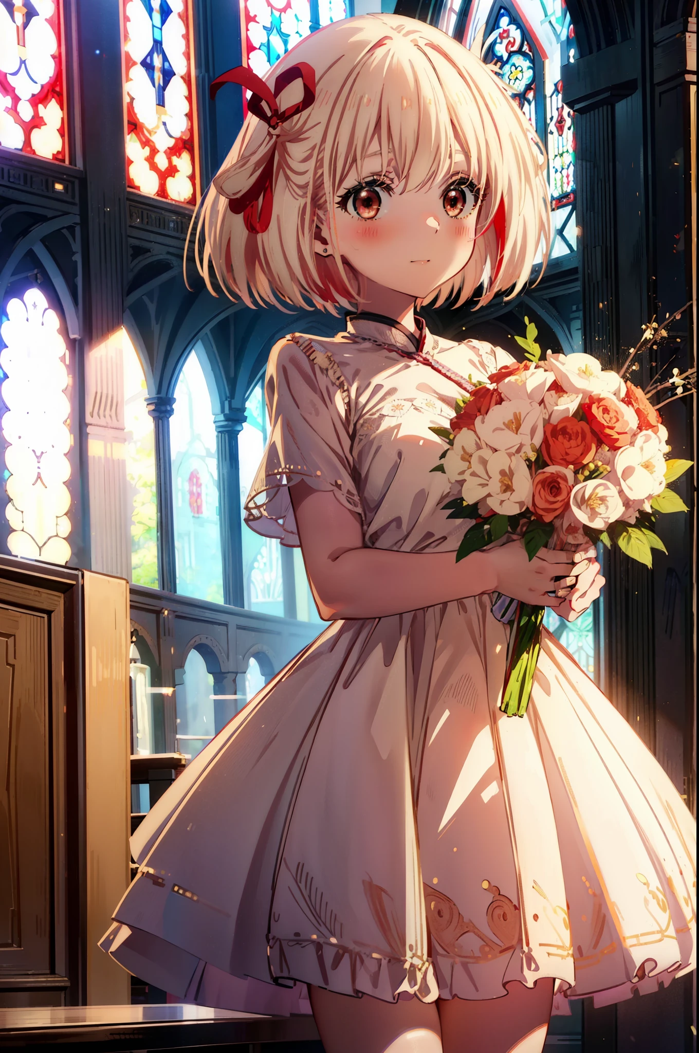 ,chisato nishikigi, short hair, bangs, Blonde, (Red eyes:1.5), hair ribbon, One side up, Bobcut,Wedding dress,Wedding Skirts,Holding a bouquet in both hands,smile,blush,whole bodyがイラストに入るように,
break indoors, Chapel,church,
break looking at viewer, whole body,(Cowboy Shot:1.5),
break (masterpiece:1.2), Highest quality, High resolution, unity 8k wallpaper, (figure:0.8), (Beautiful attention to detail:1.6), Highly detailed face, Perfect lighting, Highly detailed CG, (Perfect hands, Perfect Anatomy),