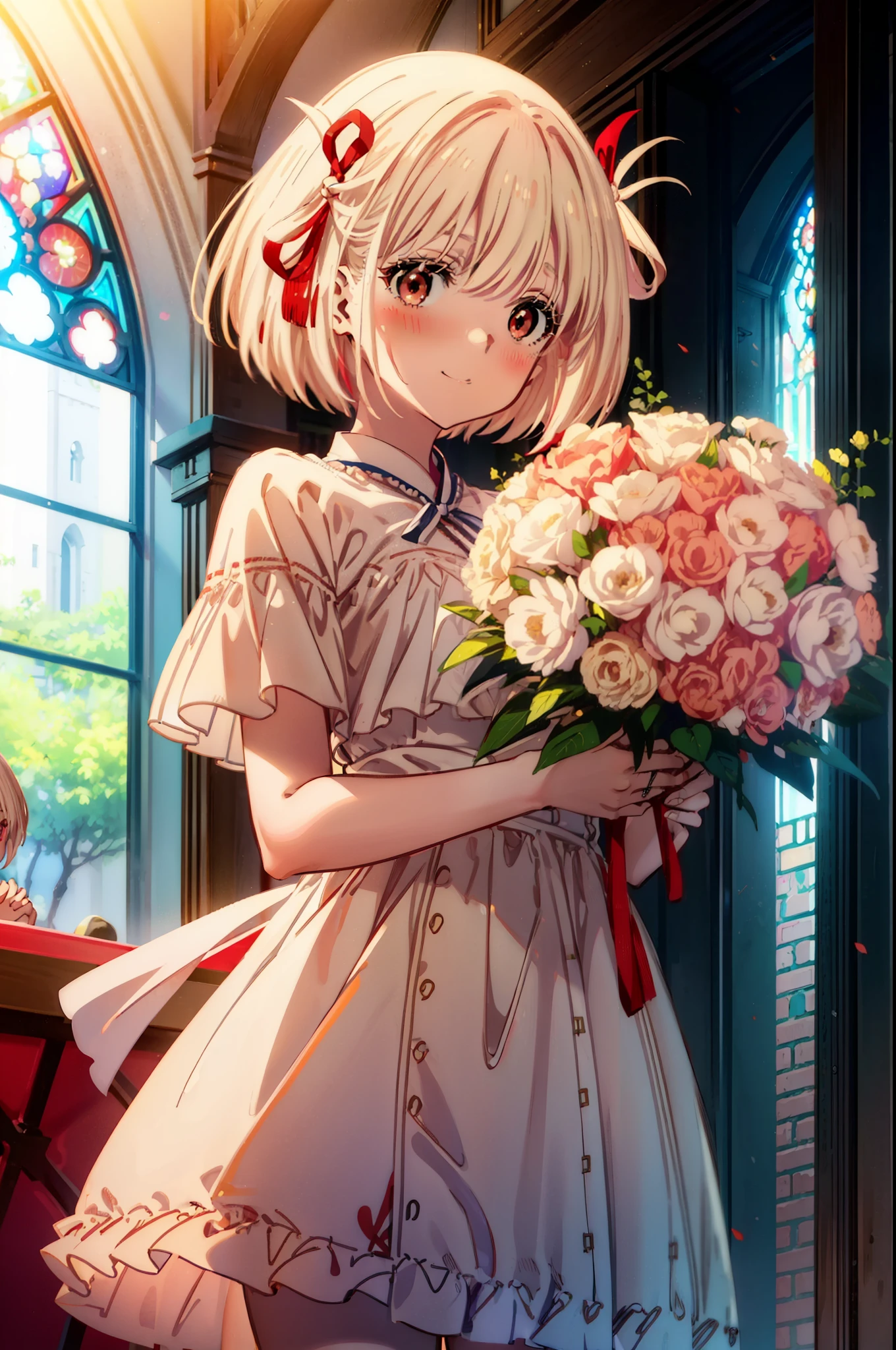 ,chisato nishikigi, short hair, bangs, Blonde, (Red eyes:1.5), hair ribbon, One side up, Bobcut,Wedding dress,Wedding Skirts,Holding a bouquet in both hands,smile,blush,whole bodyがイラストに入るように,
break indoors, Chapel,church,
break looking at viewer, whole body,(Cowboy Shot:1.5),
break (masterpiece:1.2), Highest quality, High resolution, unity 8k wallpaper, (figure:0.8), (Beautiful attention to detail:1.6), Highly detailed face, Perfect lighting, Highly detailed CG, (Perfect hands, Perfect Anatomy),