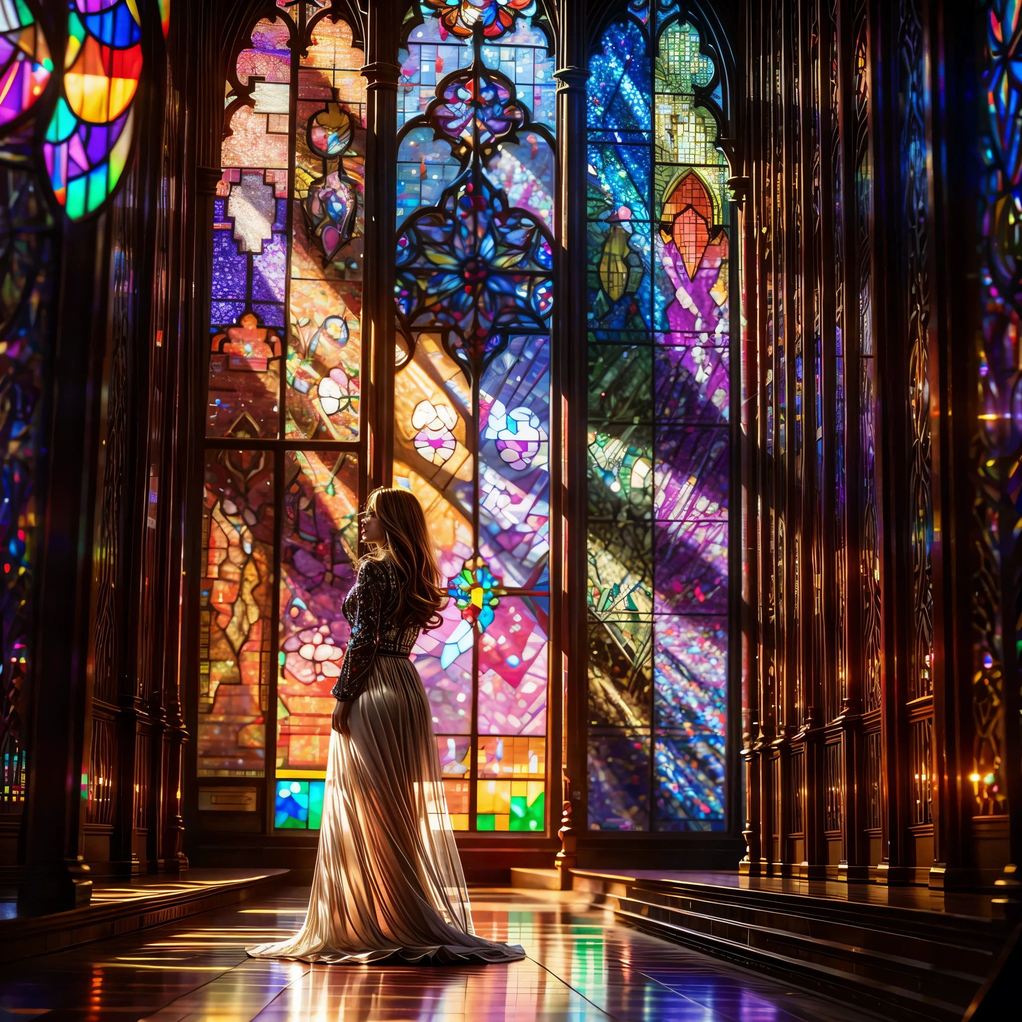 Red carpet (Cathedral from below:1.28) VolumetricLighting (FullBody ZoomedOut:1.28 Wide-shot) ZoomLayer (BokeH:1.32), TopQuality 8K masterpiece of ((Professional photo)), (((Clarisse de Cagliostro))) (Detailed Delicate White Dresses), Chain, Extremely detailed (KAWAII face) {(VeiledFace)|BlondeHair|(Spanking BuleEyes)}, The background is distant (((Elaborate stained glass))) Rainbow Glass, (MysticSight) {(GodRays)|Haze|TyndallEffect}, Radiant PearlSkin with Transparency, (Exposed:0.38)