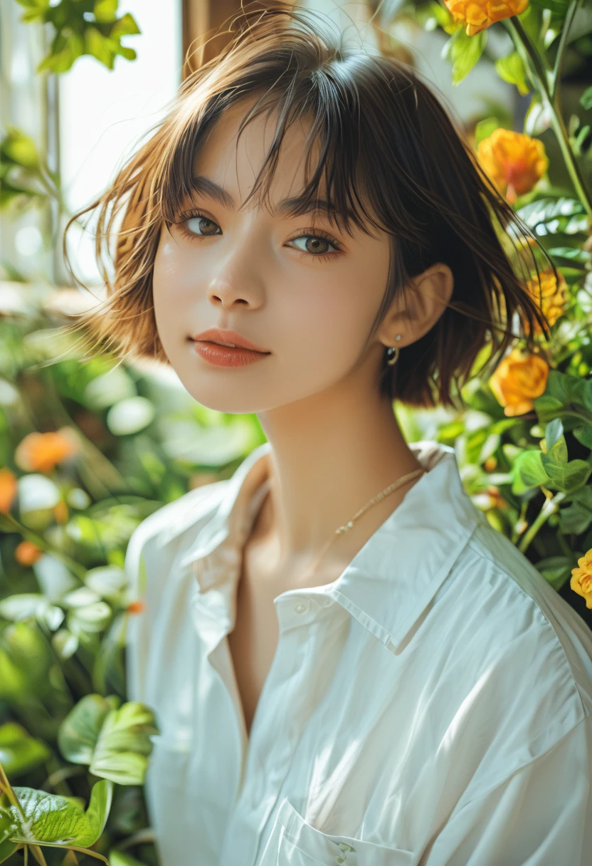 score_9, score_8_up, score_7_up , rating_save, (Realistic) Beautiful Young Female Short hair ,casual Shirt ,Garden