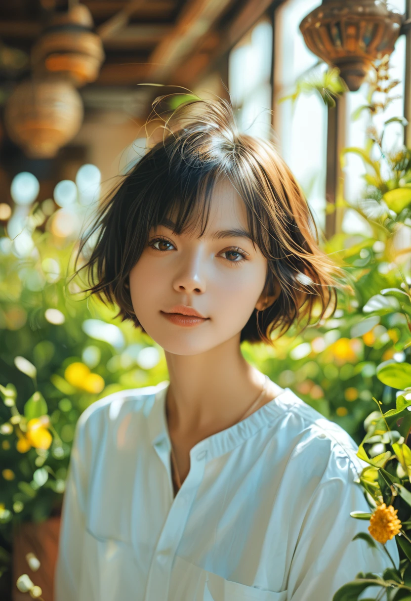 score_9, score_8_up, score_7_up , rating_save, (Realistic) Beautiful Young Female Short hair ,casual Shirt ,Garden