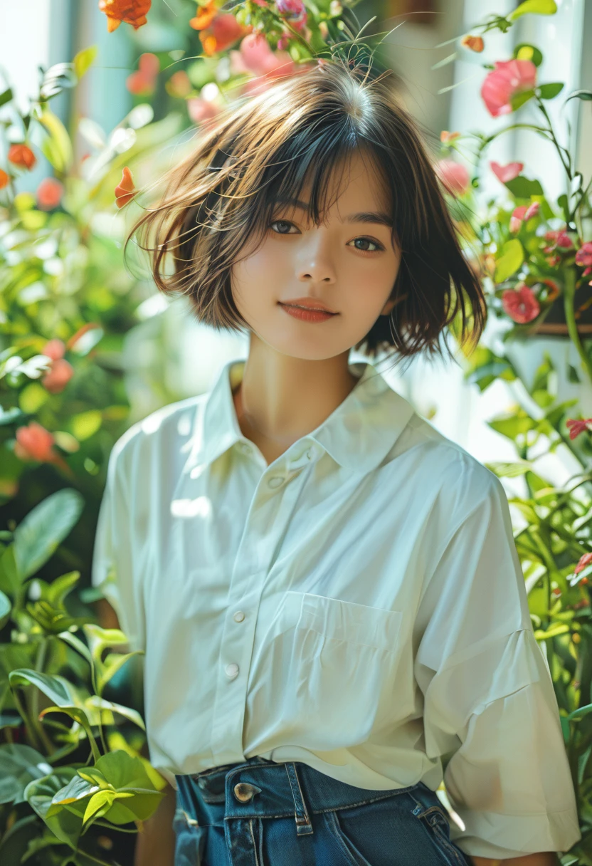 score_9, score_8_up, score_7_up , rating_save, (Realistic) Beautiful Young Female Short hair ,casual Shirt ,Garden