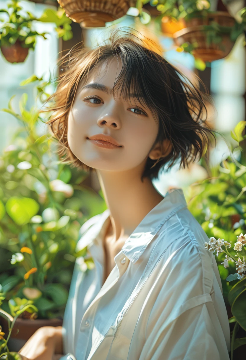 score_9, score_8_up, score_7_up , rating_save, (Realistic) Beautiful Young Female Short hair ,casual Shirt ,Garden