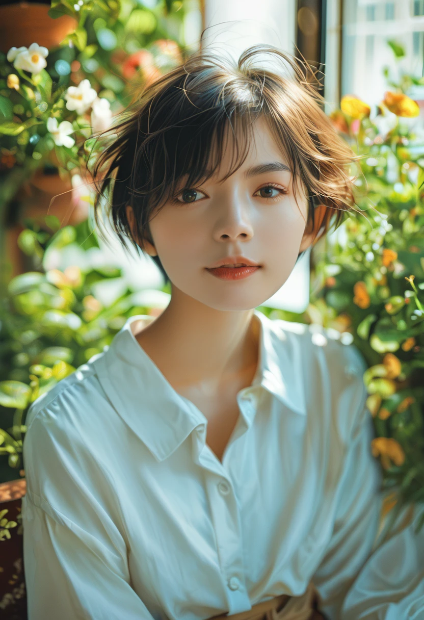 score_9, score_8_up, score_7_up , rating_save, (Realistic) Beautiful Young Female Short hair ,casual Shirt ,Garden