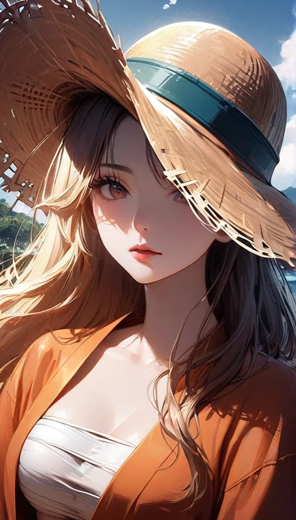 masterpiece, Highest quality), 複雑なdetailed, 1 girl, woman, Orange Hair, we \ (one piece\), (Long Hair), shirt, white shirt, womanに焦点を当てる, Clothes, Orange kimono, sarashi, nature, scenery, Upper Body, Straw hat, ((Front view)) ((Close-up shot)) ((alone)) ((Hair covering one side of the face)) detailed, Very high resolution, No blurry images, whole body, Green Eyes, Wavy Hair, ((we from one piece)) ((female we from one piece)), Holding a sword 