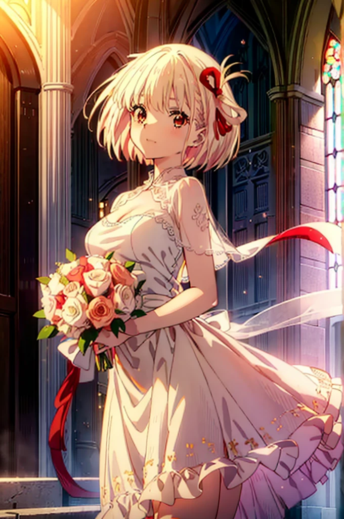 ,chisato nishikigi, short hair, bangs, Blonde, (Red eyes:1.5), hair ribbon, One side up, Bobcut,Wedding dress,Wedding Skirts,Holding a bouquet in both hands,smile,blush,So that the whole body goes into the illustration,Daytime,Clear skies,
break indoors, Chapel,church,
break looking at viewer, Upper Body,(Cowboy Shot:1.5),
break (masterpiece:1.2), Highest quality, High resolution, unity 8k wallpaper, (figure:0.8), (Beautiful attention to detail:1.6), Highly detailed face, Perfect lighting, Highly detailed CG, (Perfect hands, Perfect Anatomy),