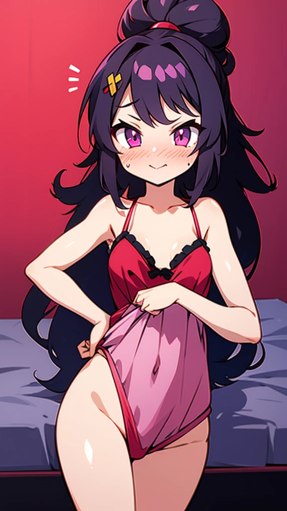 High tail hairstyle, Ponytail hairstyle, Long wavy black hair, standing posing, anime girl style, pixel art anime style,penetrating look with deep eyes,red and purple eyes, hair with a ponytail hairstyle trapped with a big red bun, women, red hair clips, x color shaped hair clips , smiling face blush, next to his bed, lingerie, tank top, Black hair, big thighs, babydoll, body