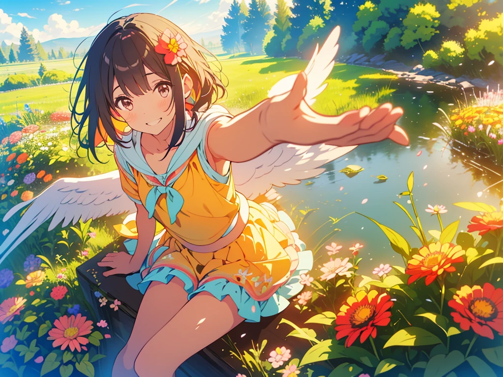 kawaii, anime, Cute, hyper quality, highly detailed, 8k, Clarity, Draw facial expressions in detail, A girl with long dark brown hair winks, Zinnia, colorful zinnia flower field, highlight on eyes, throw both hands up, smile, clear sky, The wind passes through, Flowers waving in the wind, Colorful zinnia petals dance in the sky, Flower shower of zinnia petals, Sit with one leg extended and your knees raised, There is a diary nearby, red zinnia, yellow zinnia, white zinnia, pink zinnia, wearing a short-sleeved hoodie, skirt, aerial view, sit, The expression is a wink, A cluster of colorful zinnias grows, The flowers are wet with morning dew and shine, A bird flaps its wings in the sky, Thank you for waving, The color of the open eyes is green, upward glance, wave one's hands,