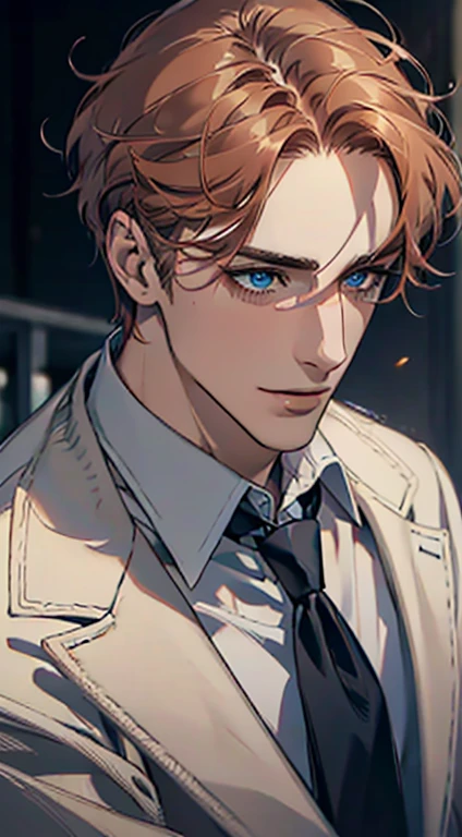 (Highest quality,4K,8K,High resolution,masterpiece:1.2),Super detailed,(Realistic,photoRealistic,photo-Realistic:1.37),1 person,31 years old,Mature Men,Beautiful skin、Profile、very handsome,Expressionless,smile,Short gray orange hair,blue eyes,Sharp Eyes,A perfect face without a doubt,Businessman,Office Background,Cinema Lighting,HDR image,tie、