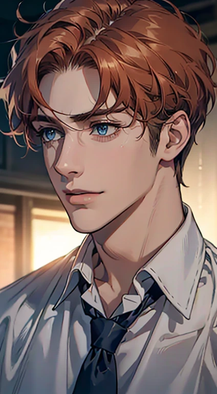 (Highest quality,4K,8K,High resolution,masterpiece:1.2),Super detailed,(Realistic,photoRealistic,photo-Realistic:1.37),1 person,31 years old,Mature Men,Beautiful skin、Profile、very handsome,Expressionless,smile,Short gray orange hair,blue eyes,Sharp Eyes,A perfect face without a doubt,Businessman,Office Background,Cinema Lighting,HDR image,tie、