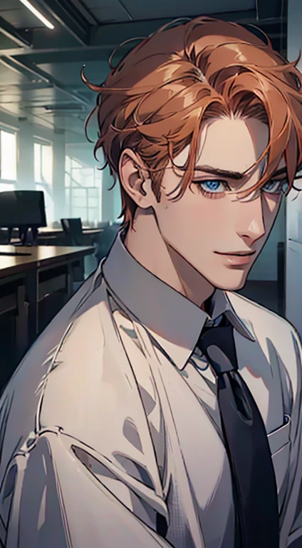 (Highest quality,4K,8K,High resolution,masterpiece:1.2),Super detailed,(Realistic,photoRealistic,photo-Realistic:1.37),1 person,31 years old,Mature Men,Beautiful skin、Profile、very handsome,Expressionless,smile,Short gray orange hair,blue eyes,Sharp Eyes,A perfect face without a doubt,Businessman,Office Background,Cinema Lighting,HDR image,tie、