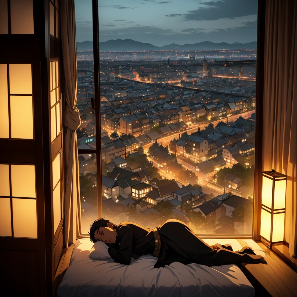 a boy ,lying on bed,next to his mother,looking out window,medieval japanese city in distance,lights in city center,photorealistic,highly detailed,cinematic lighting,warm color palette,moody atmosphere
