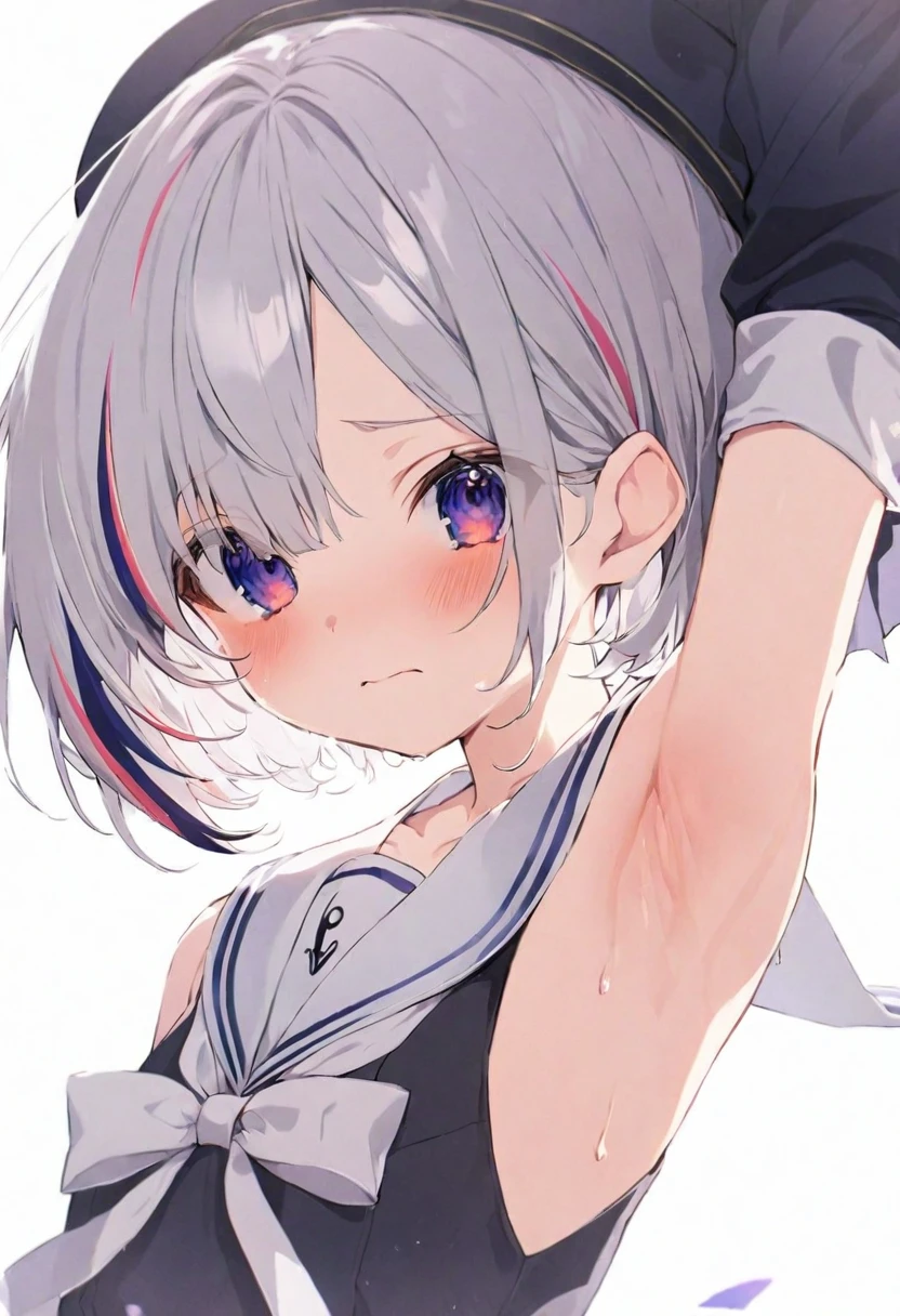 (muste piece), (best quality), (score_9, score_8_up, score_7_up), very detailed eyes, expressive eyes, perfect face, very detailed face, highly detailed face, beautiful girl, 8K, beautiful girl, white background, delicate and beautiful face and eyes, dark intense shadow, 1 girl, vtuber style, cool girl, hololive, vtuber, amane kanata, multicolored hair, streaked hair, short hair, grey hair, Berets, Sailor suit, sleeveless suit, short skirt, bow, arm up, armpit, small chest, clavicle, shy expression, blush, (upper body), sweating, from back side, armpit close up, armpit focus,