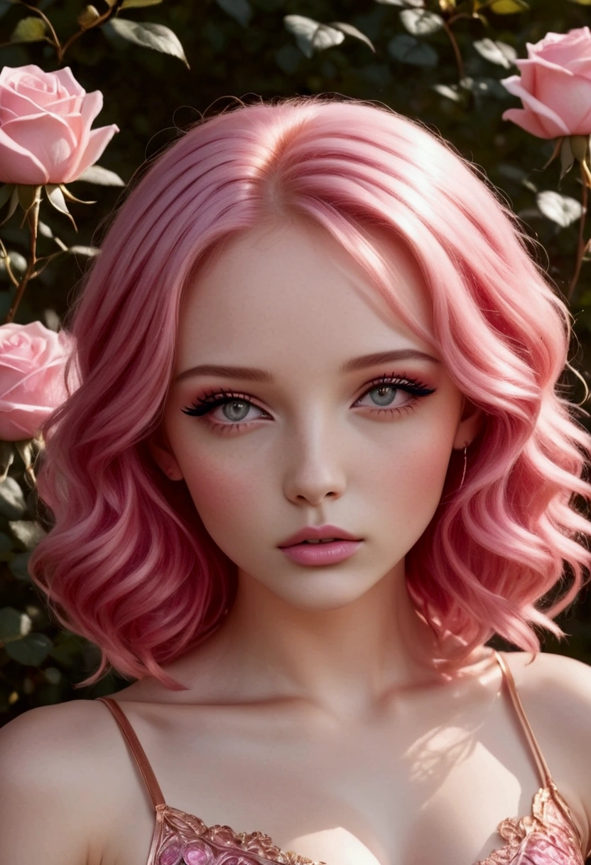 Adorable fair skinned pink haired magenta eyed European and slender young woman pink gold rose gold color theme