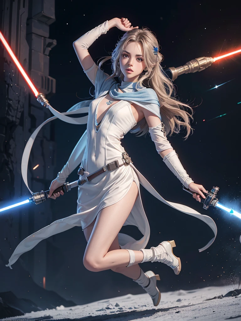 , jedi Girl, Star wars, laser sword in hand,full body picture,, beautyful face, beautyful body, open legs , ,,,thin micro dress, five fingers perfect hands, sharp picture, high quality, ultrarealistic, 3D,