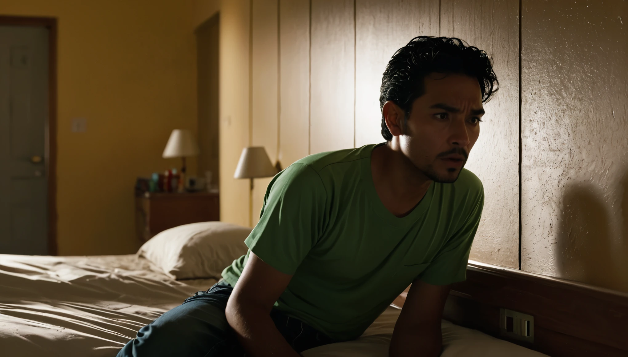009: A realistic scene of Miguel returning to his room with his heart racing. He tries to push away the feeling of impending danger, but the oppressive silence of the motel feels suffocating. Every small crack in the wall, every flickering shadow from the dim hallway lights, adds a layer of tension. As he lies on the bed, his thoughts drift to his family in Guadalajara. He thinks of his wife, María, and their two young children, Ana and Luis. The memory of them brings him some comfort but also reinforces his determination to leave this strange place as soon as possible.