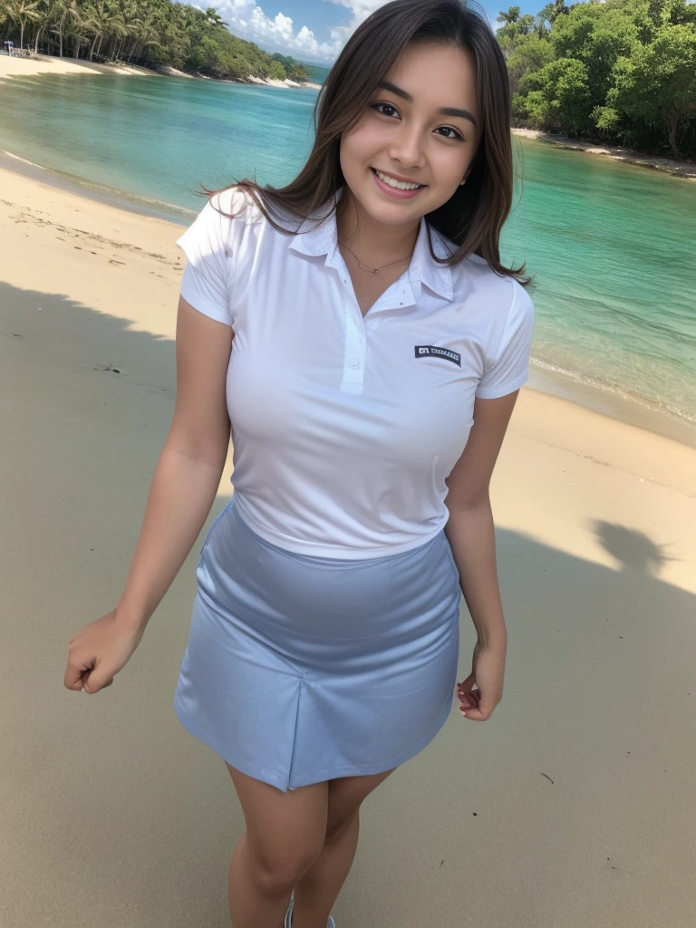 1girl, solo, (uniform), at the beach, beautiful realistic ocean scenery, seductive smile, thick breasts, smooth skin, tight white shirt, grey blue short skirt, looking at the audience, low angle shot,(8k, RAW photo, best quality, masterpiece: 1.3), (realistic, realistic: 1.37), ultra-high resolution, cowboy shot