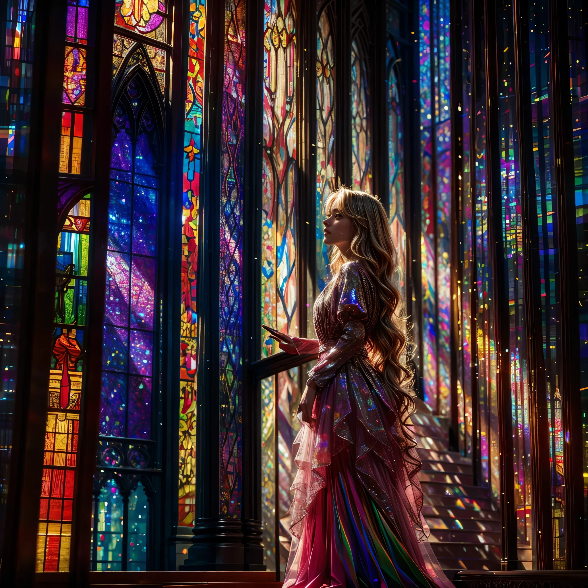 Red carpet (Cathedral from below:1.28) VolumetricLighting (FullBody ZoomedOut:1.28 Wide-shot) ZoomLayer (BokeH:1.32), TopQuality 8K masterpiece of ((Professional photo)), (((Clarisse de Cagliostro))) (Detailed Delicate White Dresses), Chain, Extremely detailed (KAWAII face) {(VeiledFace)|BlondeHair|(Spanking BuleEyes)}, The background is distant (((Elaborate stained glass))) Rainbow Glass, (MysticSight) {(GodRays)|Haze|TyndallEffect}, Radiant PearlSkin with Transparency, (Exposed:0.38)