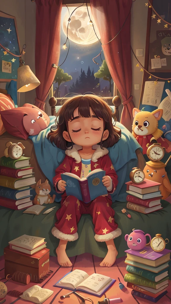 A Luna wearing cozy pajamas, her room filled with books, toys, and a telescope, as she dreams of magical adventures under the stars, HD, 4K