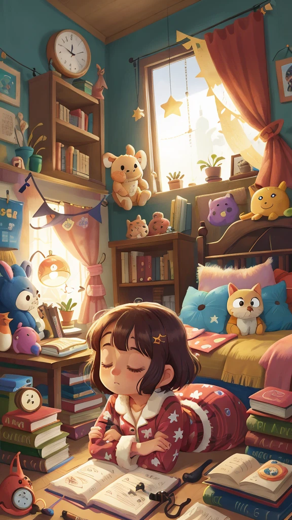 A Luna wearing cozy pajamas, her room filled with books, toys, and a telescope, as she dreams of magical adventures under the stars, HD, 4K