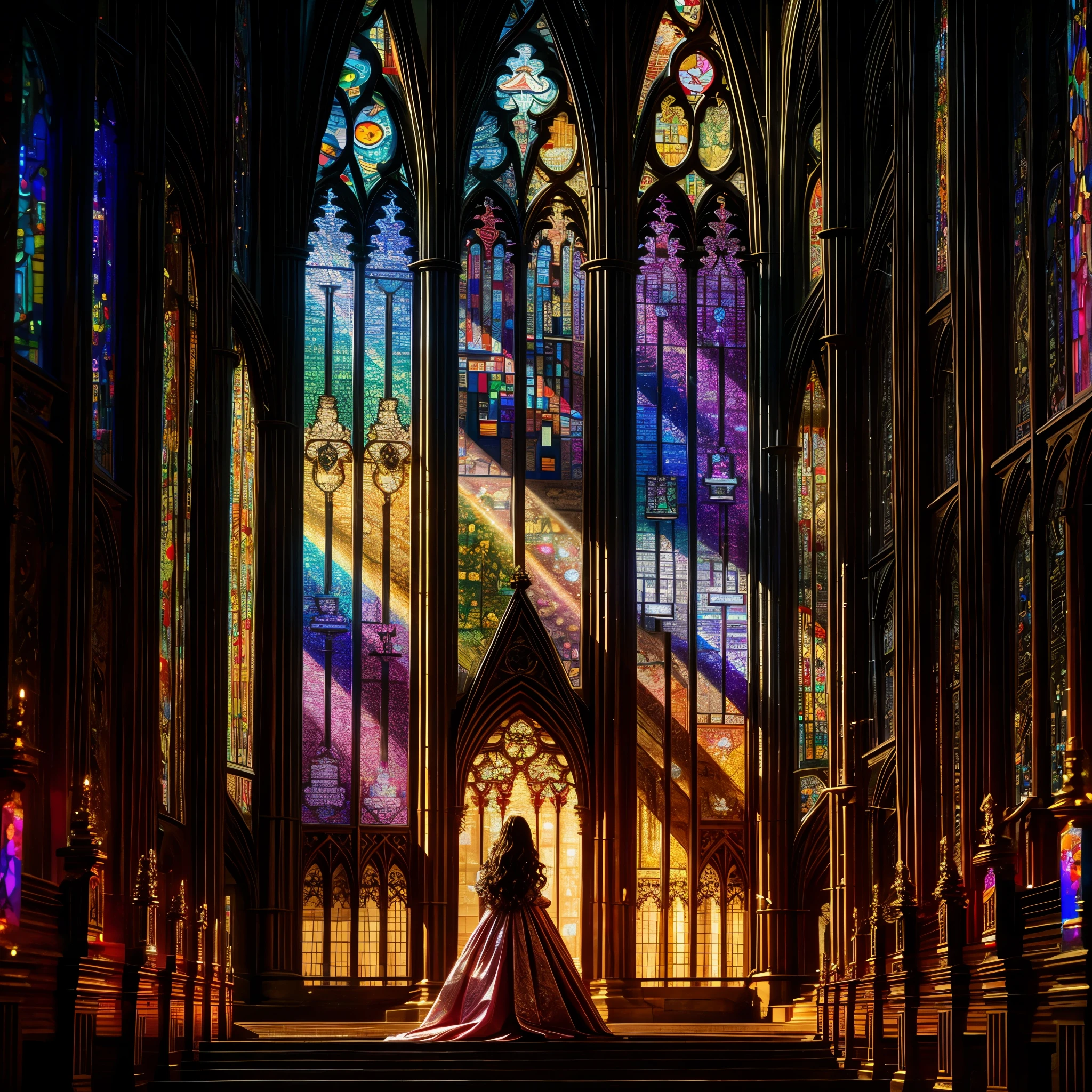 Red carpet (Cathedral from below:1.28) VolumetricLighting (FullBody ZoomedOut:1.28 Wide-shot) ZoomLayer (BokeH:1.32), TopQuality 8K masterpiece of ((Professional photo)), (((Clarisse de Cagliostro))) (Detailed Delicate White Dresses), Chain, Extremely detailed (KAWAII face) {(VeiledFace)|BlondeHair|(Spanking BuleEyes)}, The background is distant (((Elaborate stained glass))) Rainbow Glass, (MysticSight) {(GodRays)|Haze|TyndallEffect}, Radiant PearlSkin with Transparency, (Exposed:0.38)