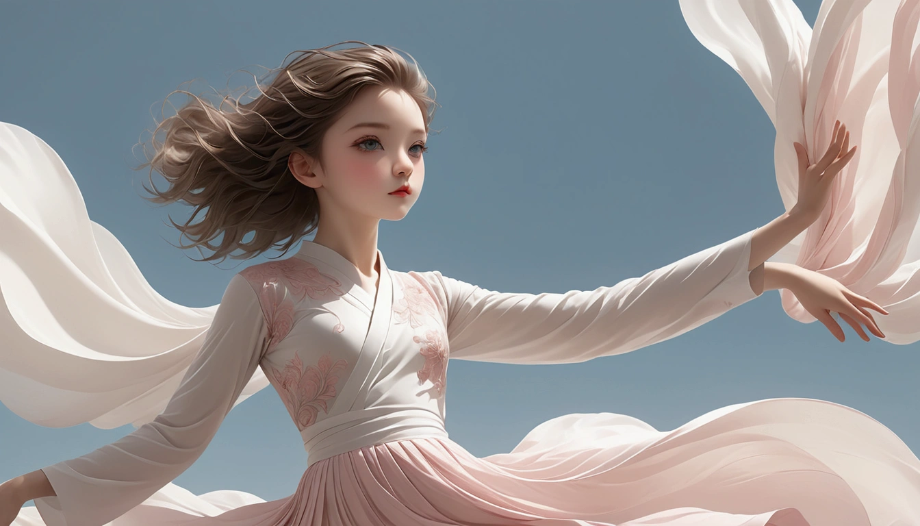 Beautiful dance photography；A little girl，Solitary；A dancing little girl；[Black Eyeball，confidence，High and cold，happy]；[Long skirt elegant style，Long sleeve；Set，Light pink and white gradient，Traditional style，The skirt has no pattern，The hem of the long skirt is like petals covering the background,Petal pattern,]；[Chinese dance]，[[[Full body panorama 1.5]]]，front；Composition：The character is on the right side of the screen；Long hair in the wind,advanced sense,Fashion, Still photography, Loop video, Fascinating movement, captivating visuals, Seamless integration, Compelling storytelling, Vortex phenomenon, Angled form, Dynamic Movement, Bold Geometric Shapes, Fragment shape, sharp contrast, Influence of modernism, nature, , modern Art, Astonishing, Unreal Background, Art from (Alessio Albi:1.1), Soft lighting, happy emotion,(close up, Face Focus), (Fractal Art) Extremely detailed,The most beautiful form of chaos, elegant； Simple style；Minimalism。Panoramic photography；Depth of Field, Extraordinary details, masterpiece, high quality, 4K，cinematic lighting, motion blur, depth of field, sparkle, ray tracing, reflection light, anatomically correct, uhd, textured skin, best quality, super detail, highres, high details, accurate, high quality, award winning