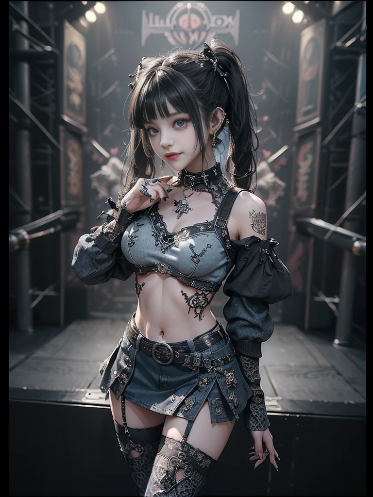 (Full Body View:1.3)、(Smiling with teeth showing:1.3),(Hollywood actress:1.5)、(Gothic Lolita style fashion:1.5)、(Punk RockVisual Kei:1.5)、(Wearing a sweater with intricate decoration:1.4)、(A mini skirt with delicate white, denim and charcoal embellishments.:1.5)、(Denim, light blue and leopard print boots:1.3)、((belt))、(Numerous intricate patterns all over the costume:1.4)、(collar:1.3)、(Leopard print underwear:1.5)、20-year-old、NSFW、((Highest quality、In 8K、masterpiece:1.3))、Sharp focus:1.2、(Layered Cut、Huge boobs:1.1),Beautiful woman with perfect figure:1.4、(Dancing vigorously:1.3)、Slender Abs:1.2、Highly detailed face and skin texture、Detailed eyes、double eyelid,(Twin tails:1.3)、(Black brown hair:1.3)、Gravure idol、(The background is the stage of the fashion show:1.3)、(Slim Body:1.3),(Make your legs thinner:1.4),(clavicle:1.1)