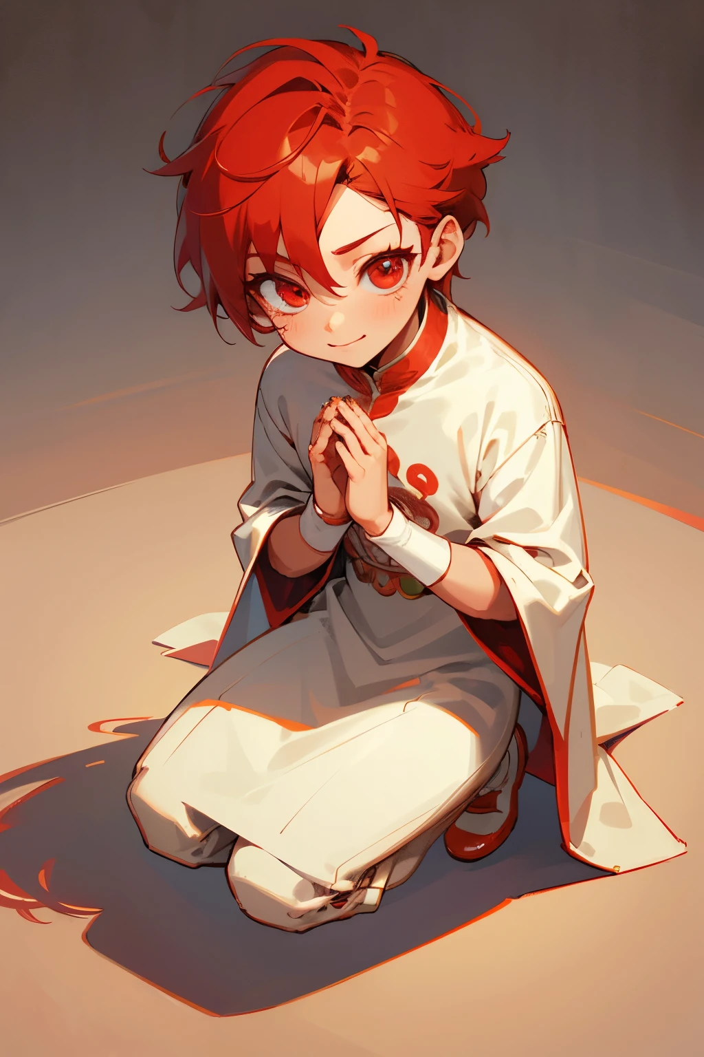 boy, full body, sit down on the floor, join one's hands in prayer, tear drop, smile, cartoon style, chibi style, cute, beautiful face, red color eye, beautiful eye, high detailed pupil, double eyelid, high detailed skin, high quality skin, red color hair, white clothes, professional lighting, real shadow, masterpiece,