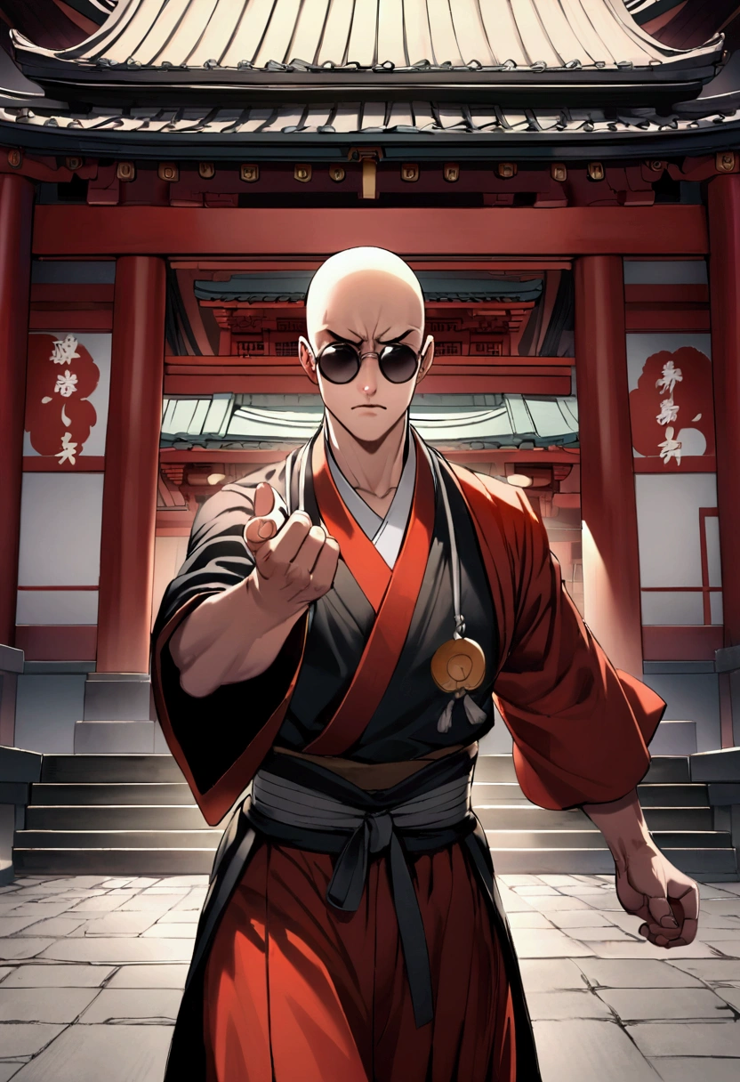 Japanese monk、Small、Round sunglasses、Fight evil、Hero of Justice、One Punch Man、Japanese Temple