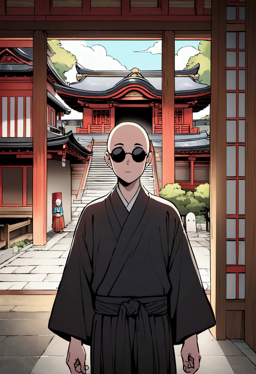 Japanese monk、Small、Round sunglasses、Fight evil、Hero of Justice、One Punch Man、Japanese Temple