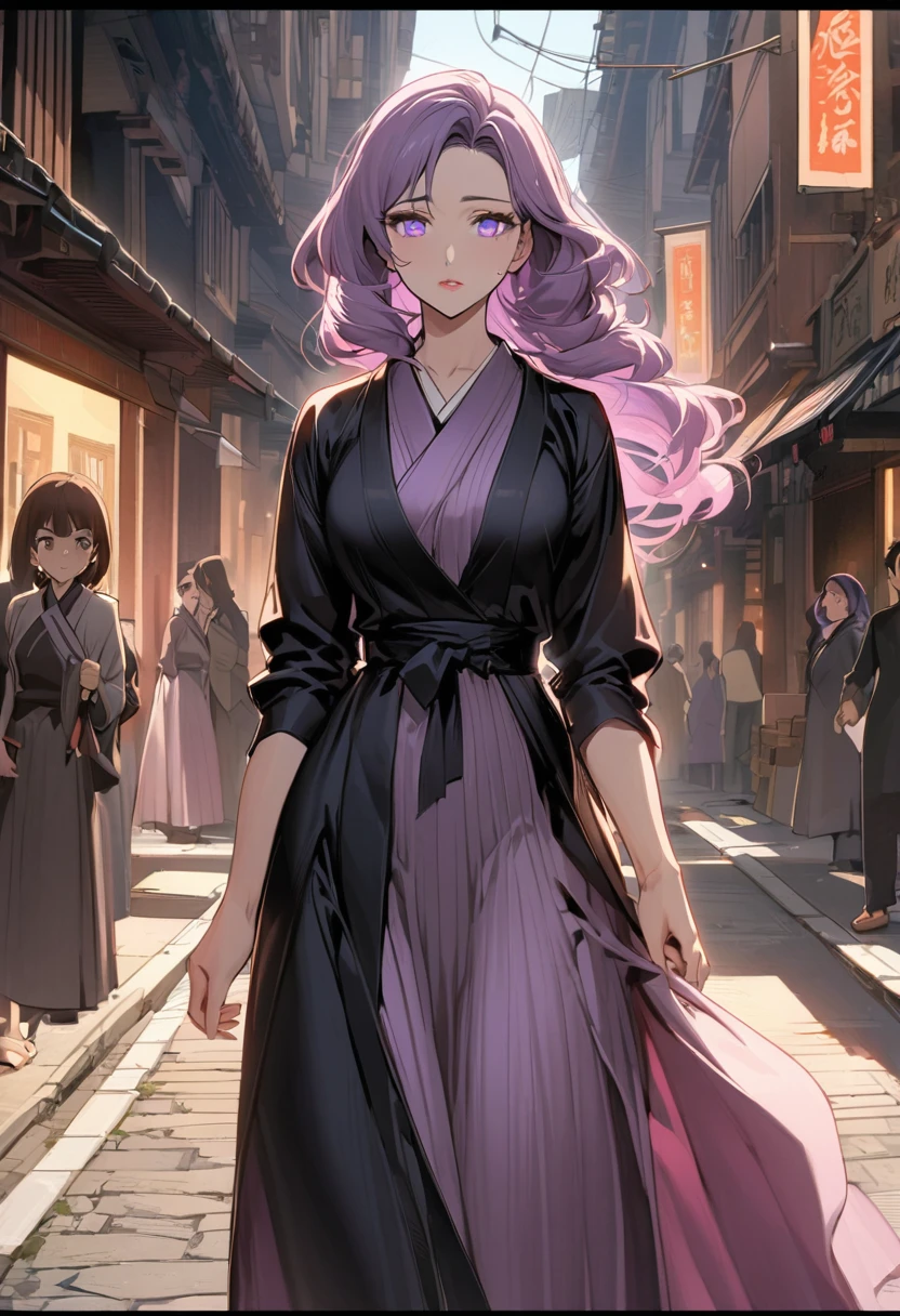 In manhwa style a young adult japanese woman 30s. Her hair is long and bronw color. Her face is sad Her skin is radiant and clear, and her lips is pink. violet color eyes are captivating and beautiful. She is wearing a black overcoat and blue long-dress, walking in the street of takayama